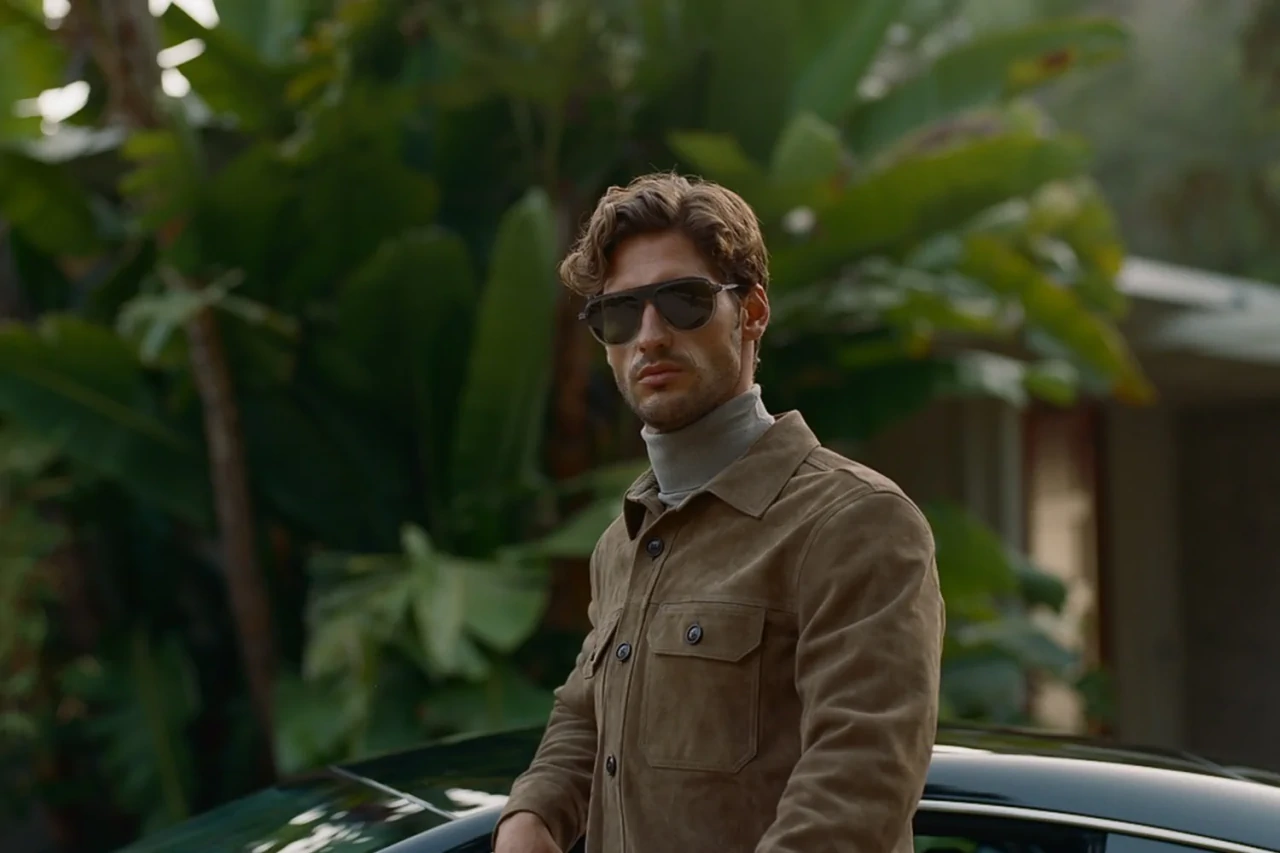 Homme en veste de daim portant des lunettes de soleil aviateur Barton Perreira devant des plantes tropicales